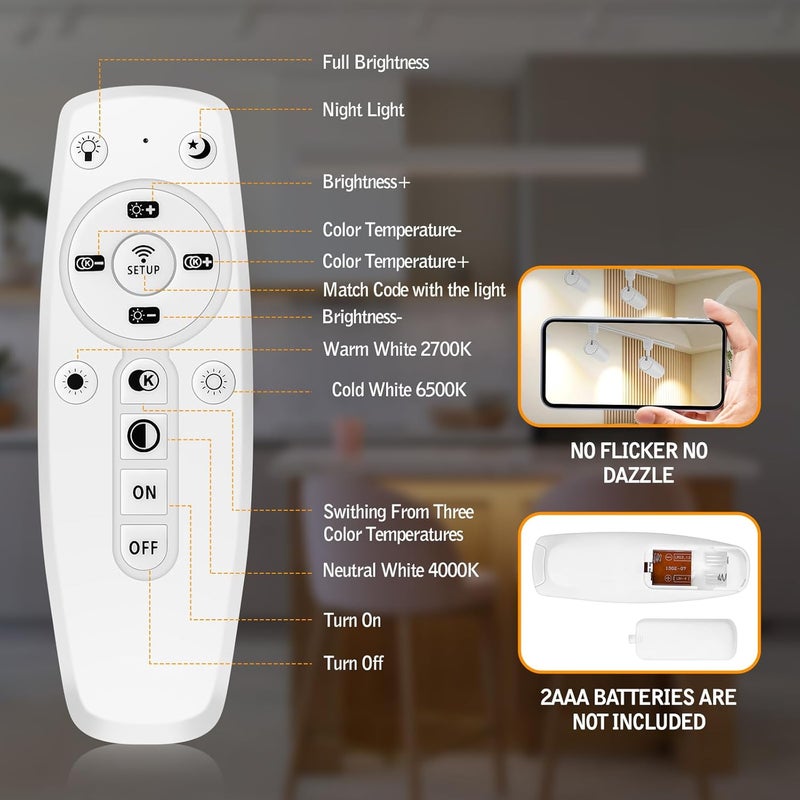 CoziTech 【2025 Upgraded】Zoomable 12W LED Track Light Head Dimmable H Track Lighting Remote Control Bright Ceiling Spotlight Fixtures for Kitchen Dining Room 2700K-6500K 15°~60° CRI90 1200lm White 6 Pack - Image 4